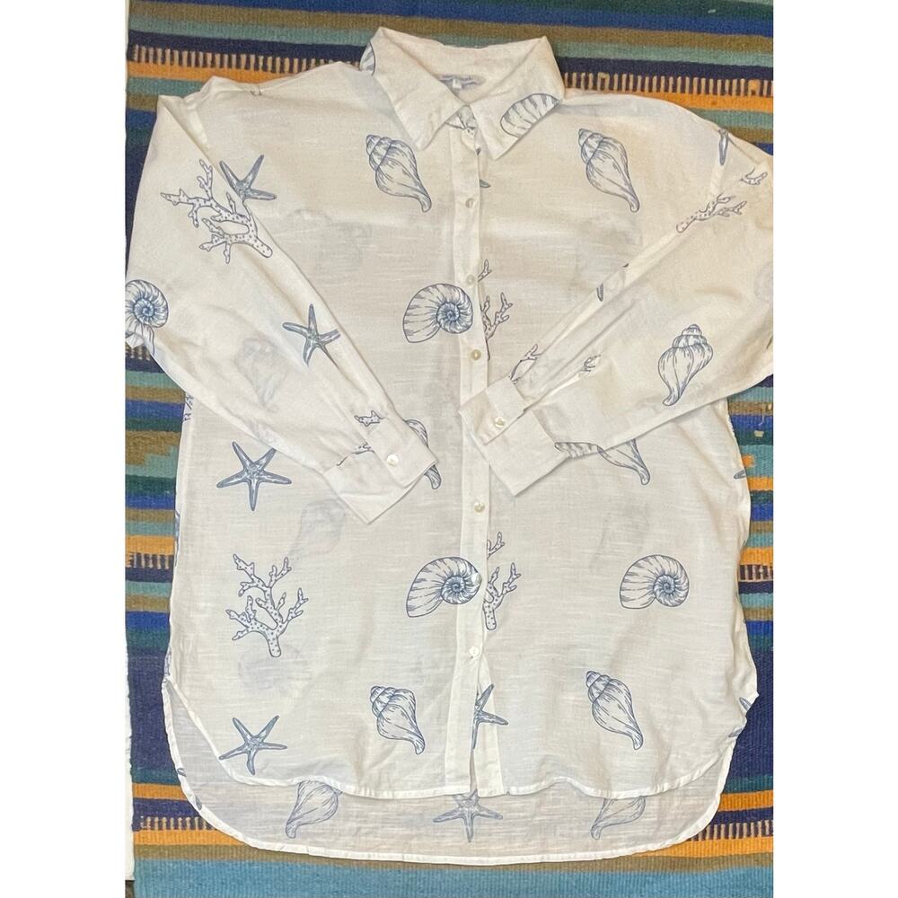 Blue Island Women’s L Seashell Print Tunic Button Down Shirt 100% Cotton Coastal